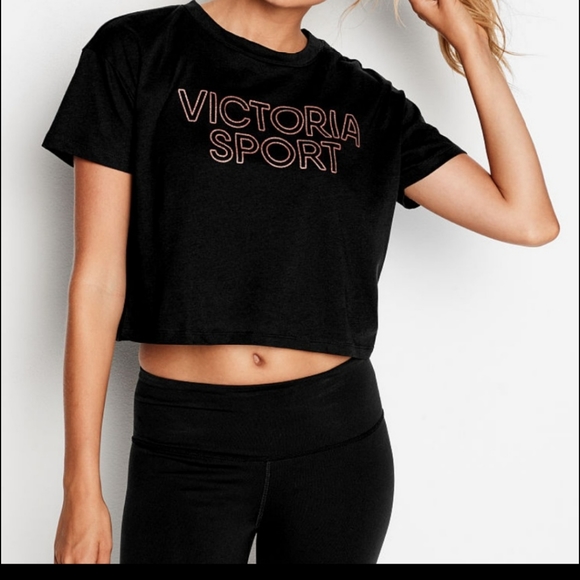 Victoria's secret Crop Top L/G Black Logo Victoria - Picture 1 of 11